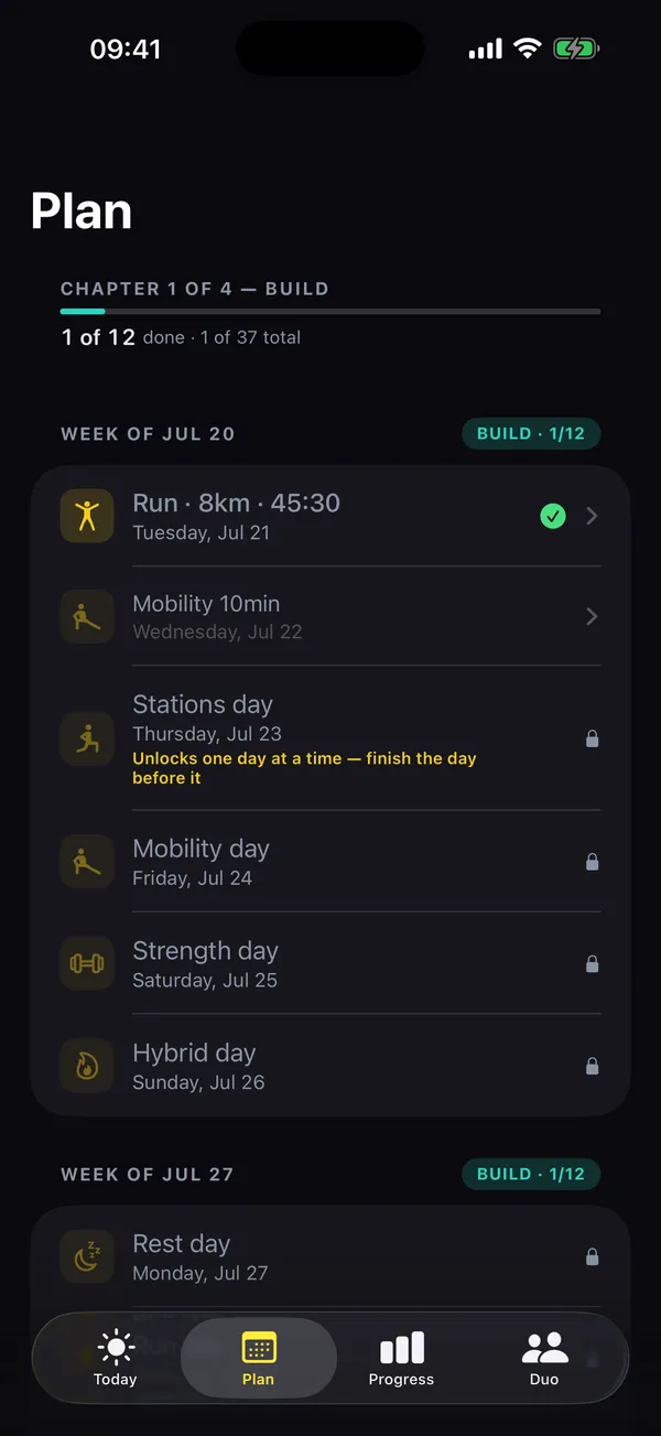 RoxDuo training plan screen: daily sessions unlocking toward race day