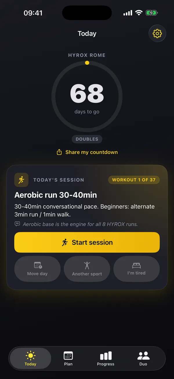 RoxDuo Today screen: the day's HYROX session ready to start